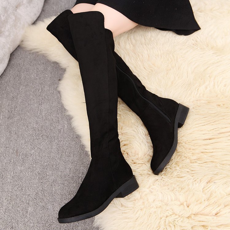 百搭純色側拉鍊圓頭長靴