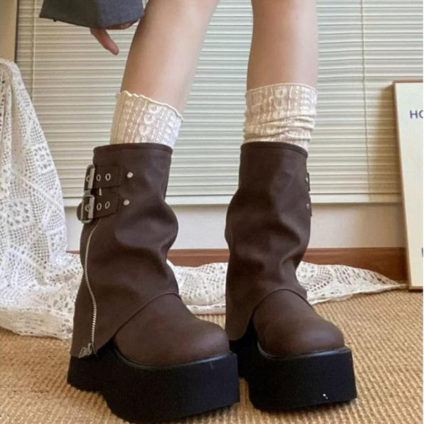 甜酷風厚底鬆糕高筒堆堆靴