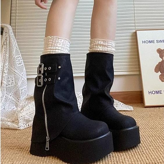 甜酷風厚底鬆糕高筒堆堆靴