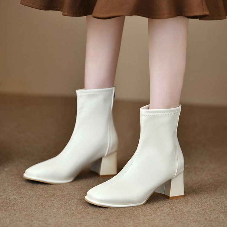 法式純色方頭高跟短靴