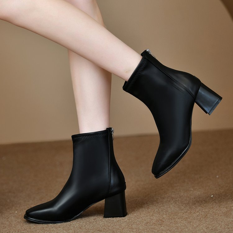 法式純色方頭高跟短靴