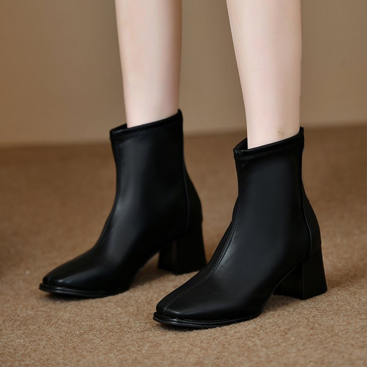 法式純色方頭高跟短靴