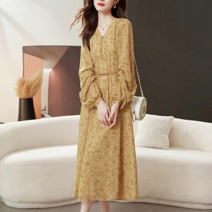 休閑碎花V領燈籠袖連身裙(送腰帶）