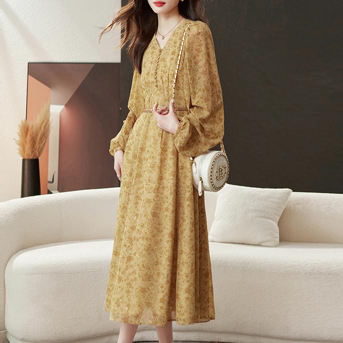 休閑碎花V領燈籠袖連身裙(送腰帶）