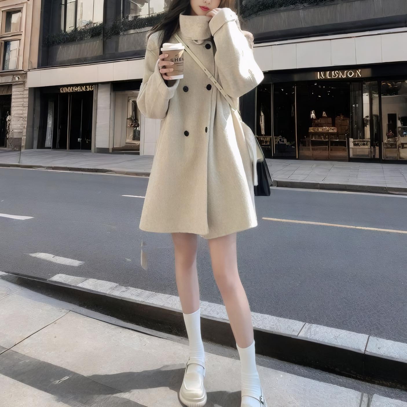 韓版繫帶立領雙排扣呢子大衣