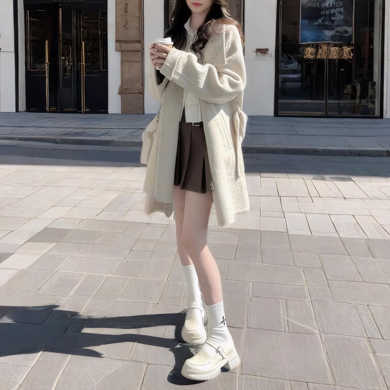 韓版繫帶立領雙排扣呢子大衣