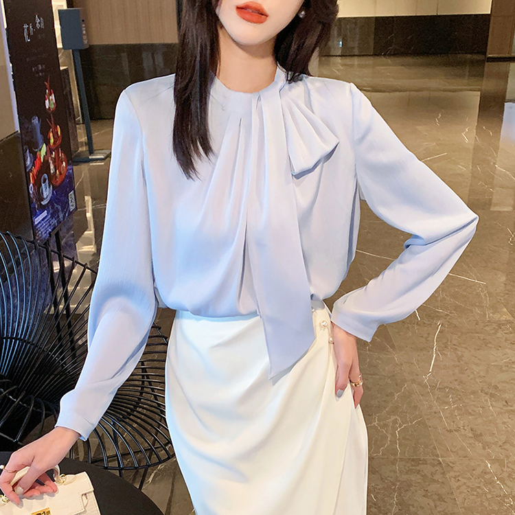 韓版優雅立領飄帶緞面襯衫