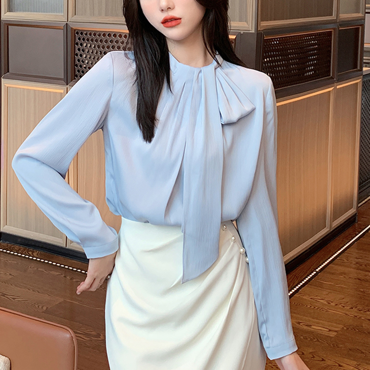 韓版優雅立領飄帶緞面襯衫