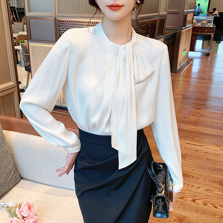 韓版優雅立領飄帶緞面襯衫