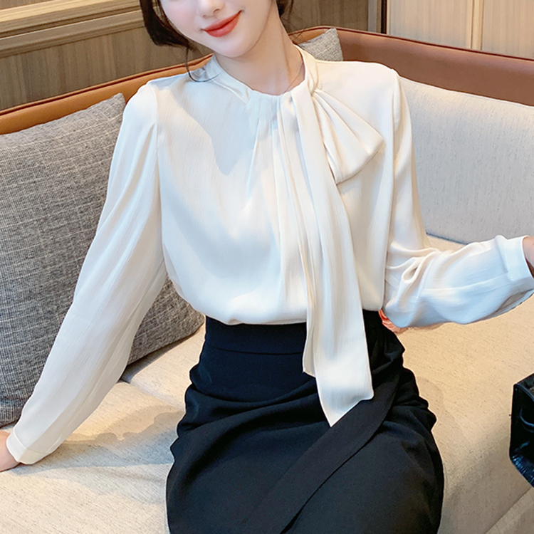 韓版優雅立領飄帶緞面襯衫