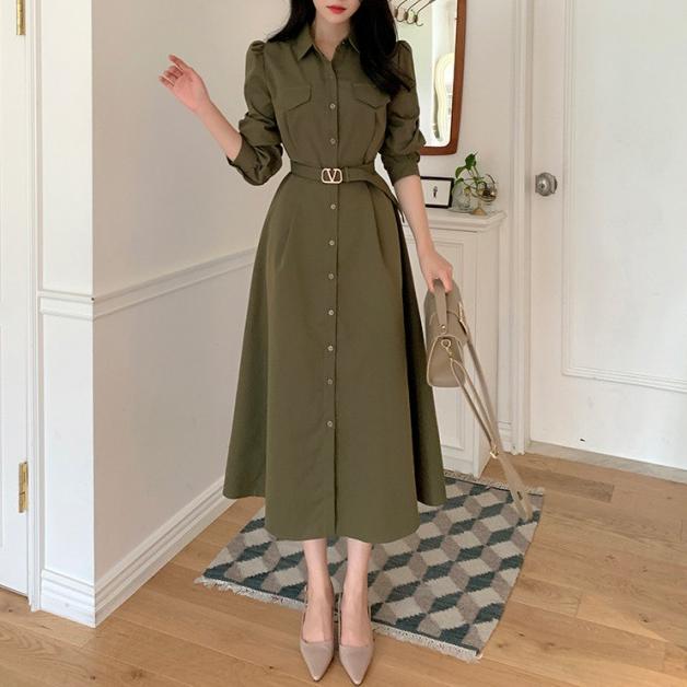 韓國chic翻領單排扣繫帶收腰長袖A字連身裙