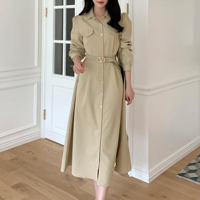 韓國chic翻領單排扣繫帶收腰長袖A字連身裙