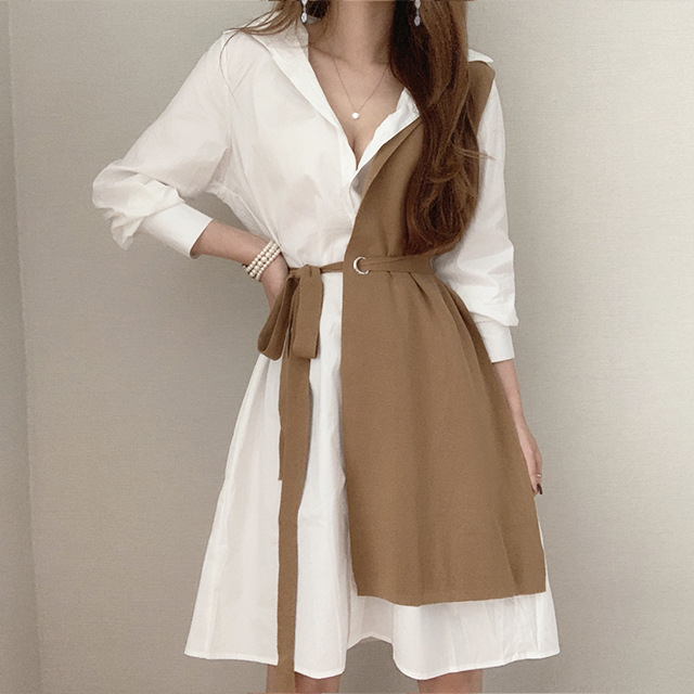 氣質撞色拼接繫帶收腰泡泡袖連身裙