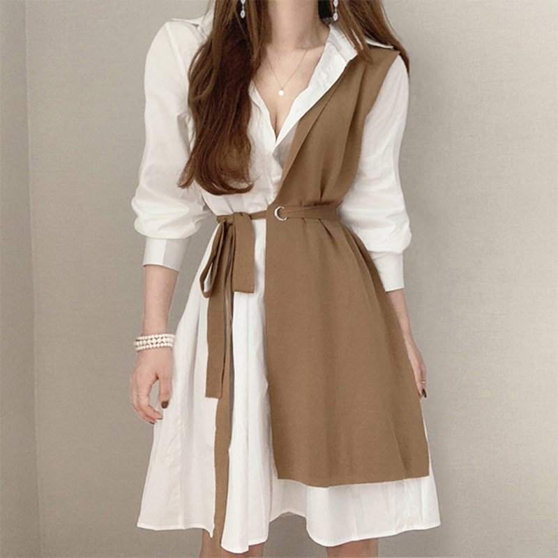 氣質撞色拼接繫帶收腰泡泡袖連身裙