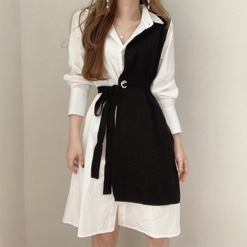 氣質撞色拼接繫帶收腰泡泡袖連身裙