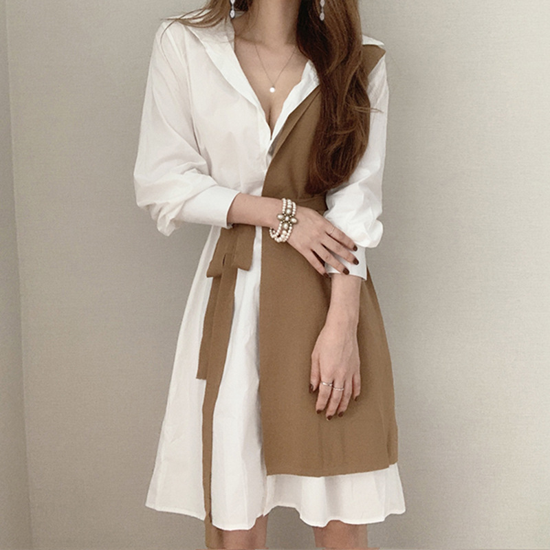 氣質撞色拼接繫帶收腰泡泡袖連身裙