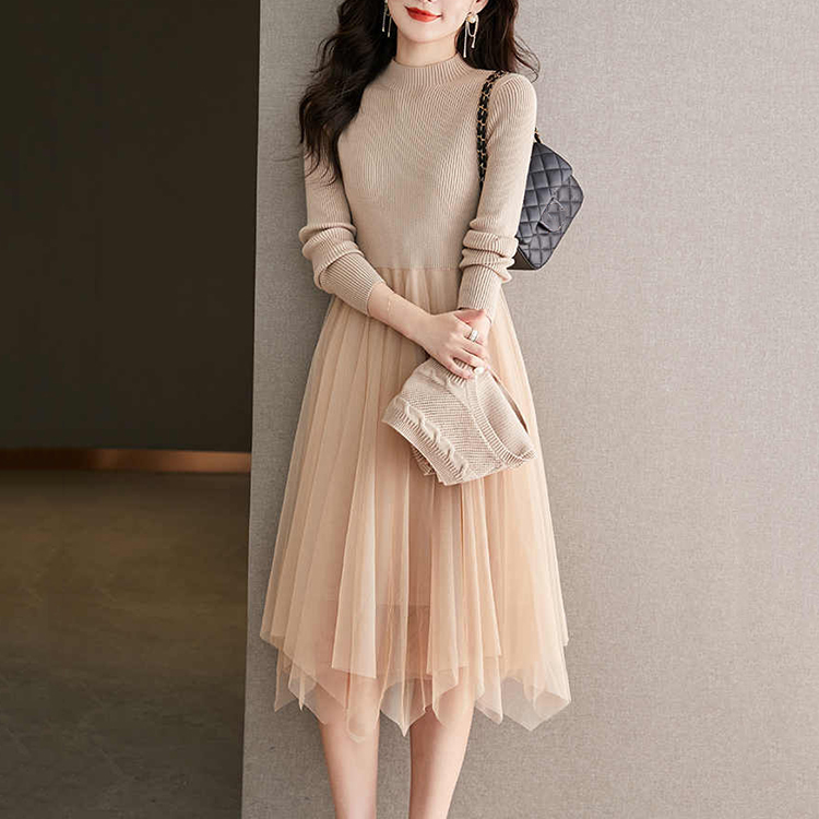 優雅網紗拼接洋裝針織馬甲兩件套裝