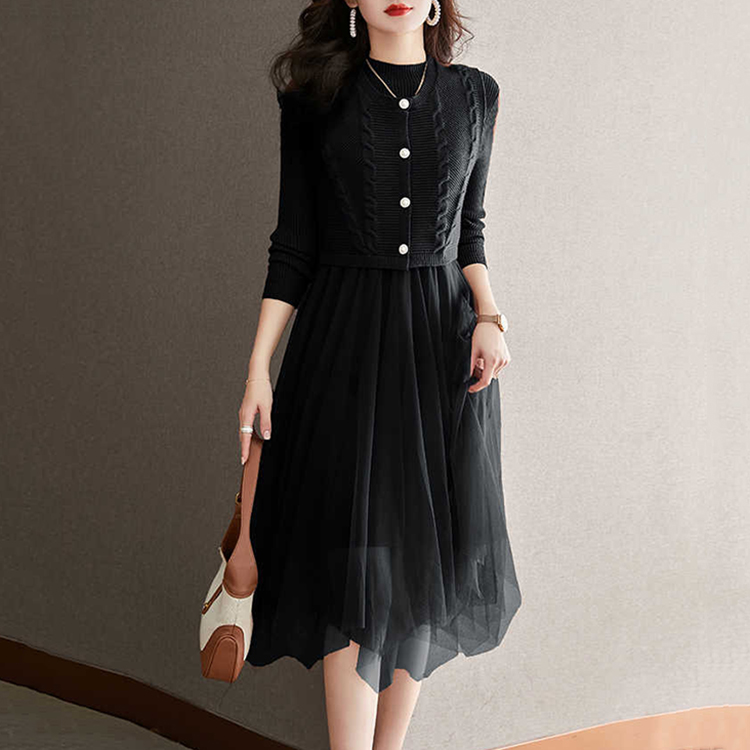 優雅網紗拼接洋裝針織馬甲兩件套裝