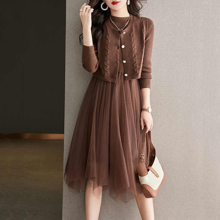 優雅網紗拼接洋裝針織馬甲兩件套裝