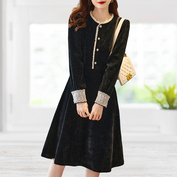 優雅氣質蕾絲拼接燈芯絨連身裙