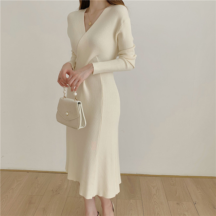 別緻交叉設計V領修身針織連身裙(4色)