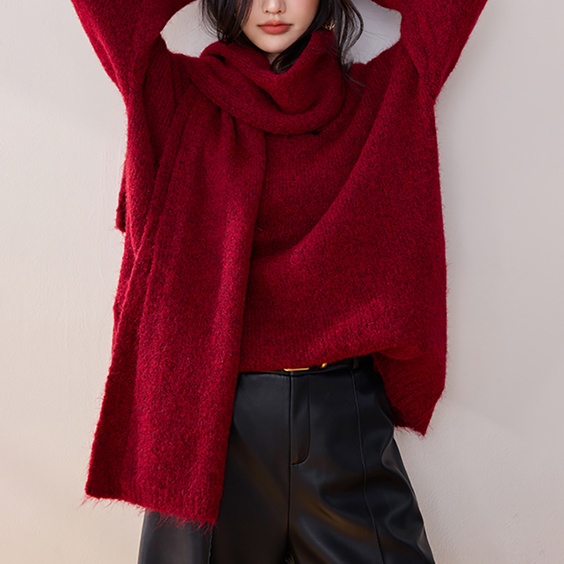 V領慵懶風純色針織毛衣+披肩圍巾兩件套【分開訂購】