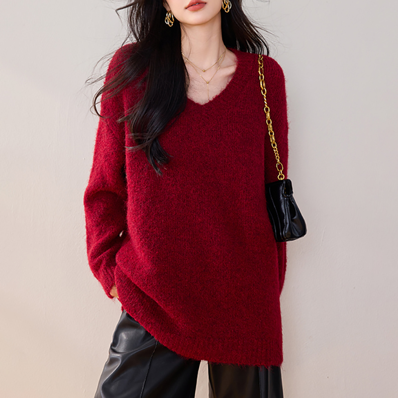 V領慵懶風純色針織毛衣+披肩圍巾兩件套【分開訂購】