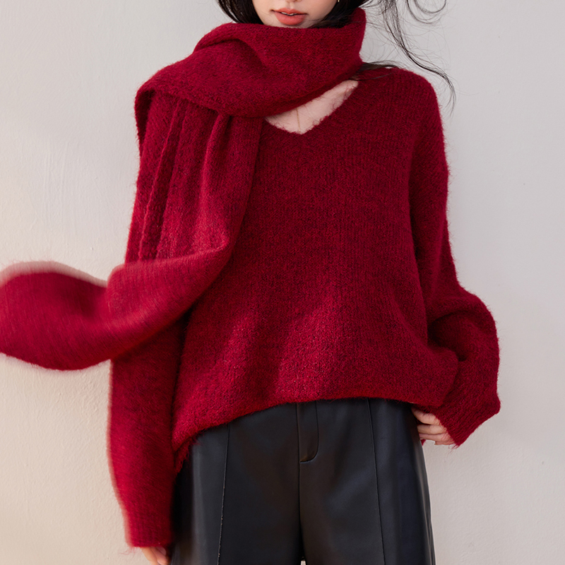 V領慵懶風純色針織毛衣+披肩圍巾兩件套【分開訂購】