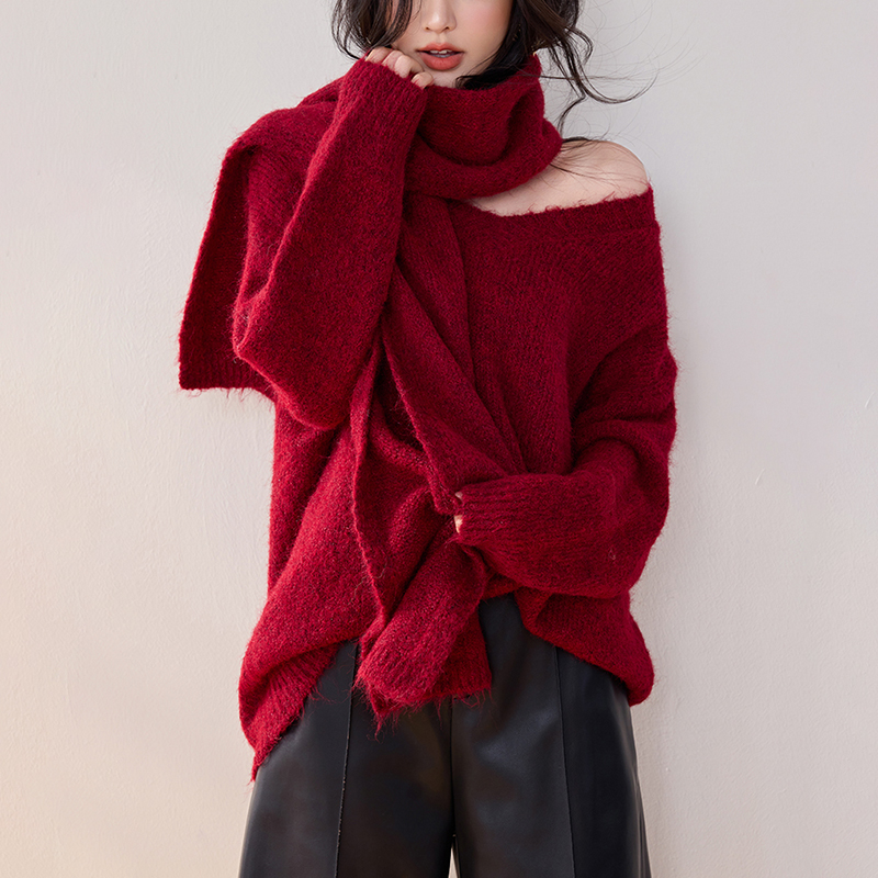 V領慵懶風純色針織毛衣+披肩圍巾兩件套【分開訂購】