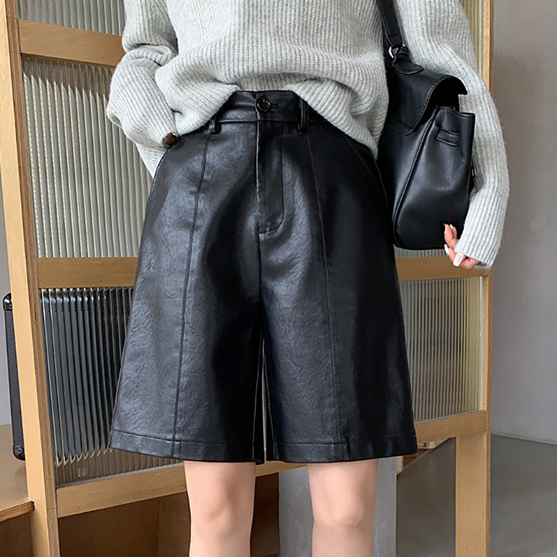 秋冬高腰顯瘦闊腿休閒皮質A字短褲