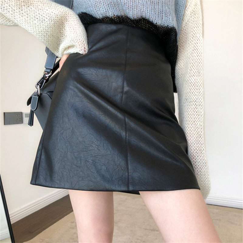 復古純色顯瘦高腰A字皮質短款半身裙