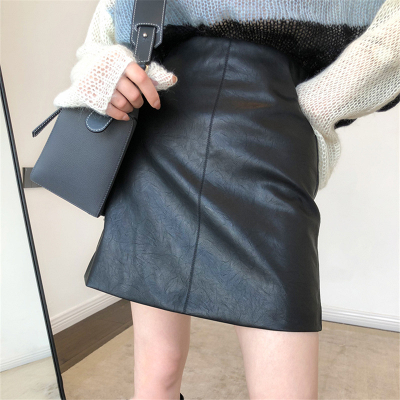 復古純色顯瘦高腰A字皮質短款半身裙