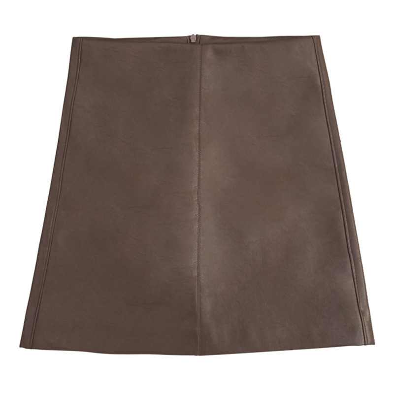 復古純色顯瘦高腰A字皮質短款半身裙