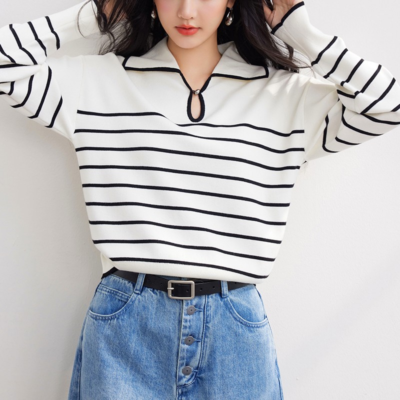 法式POLO小V領條紋針織毛衣