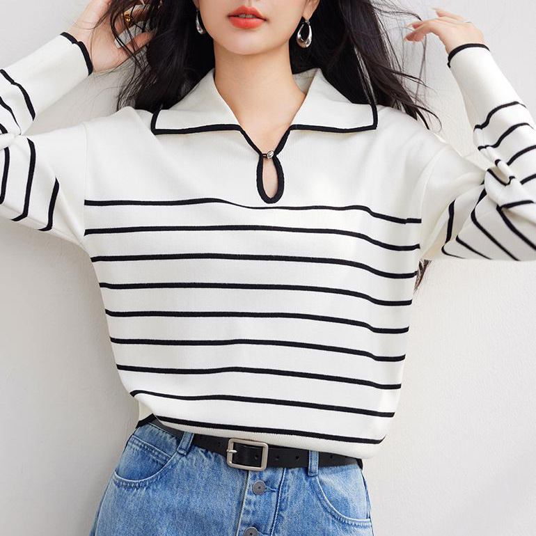 法式POLO小V領條紋針織毛衣