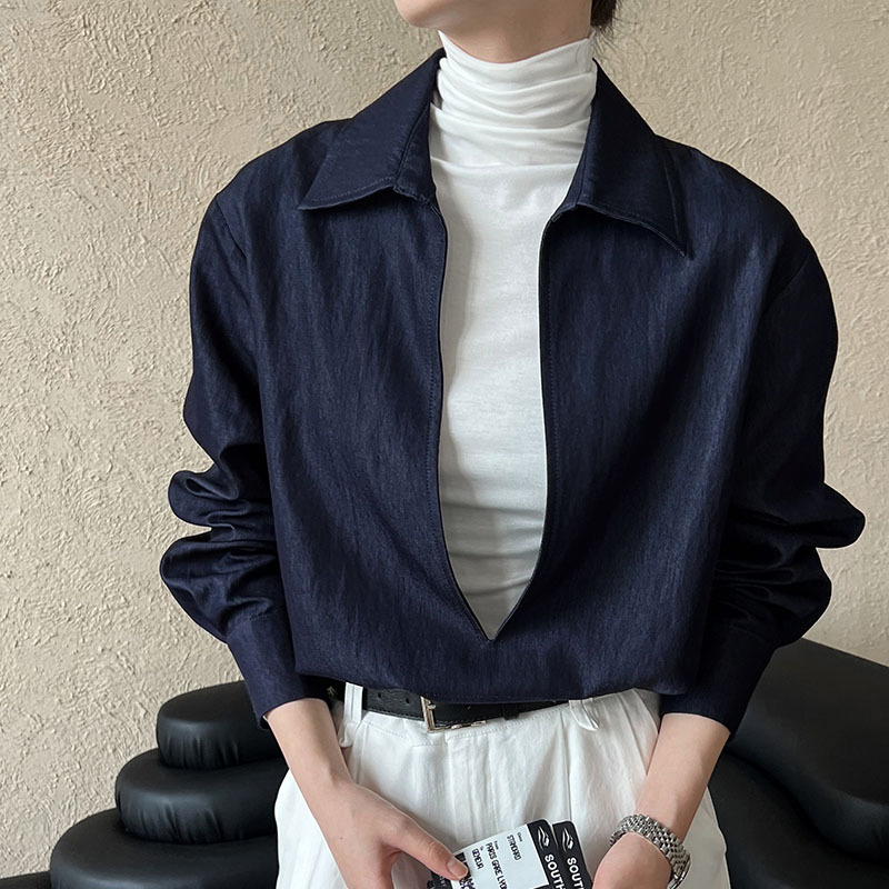 簡約休閒V領開口長袖牛仔襯衫外搭