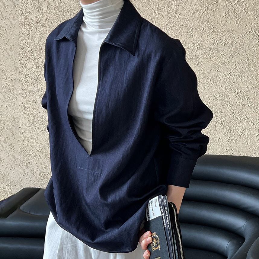 簡約休閒V領開口長袖牛仔襯衫外搭