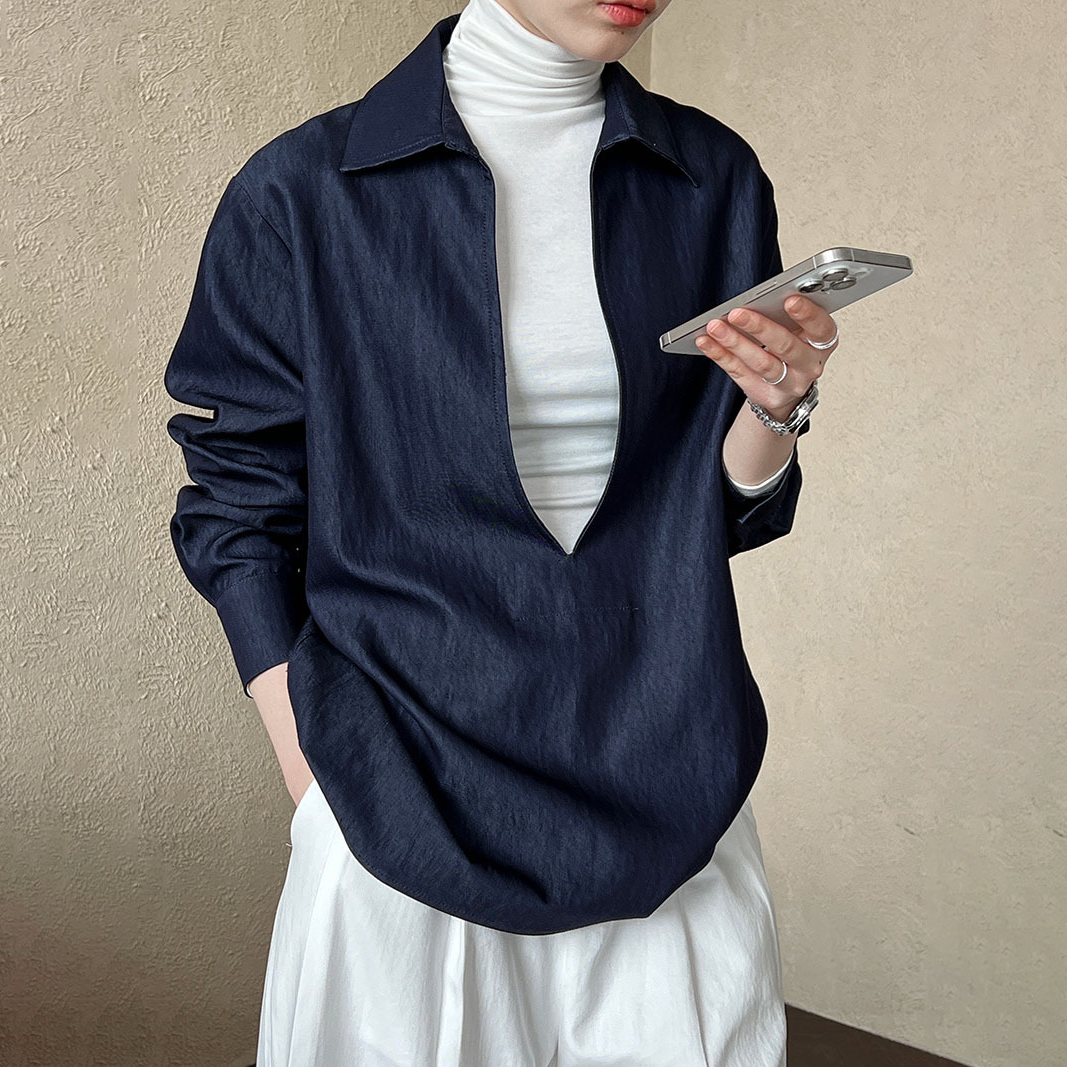 簡約休閒V領開口長袖牛仔襯衫外搭