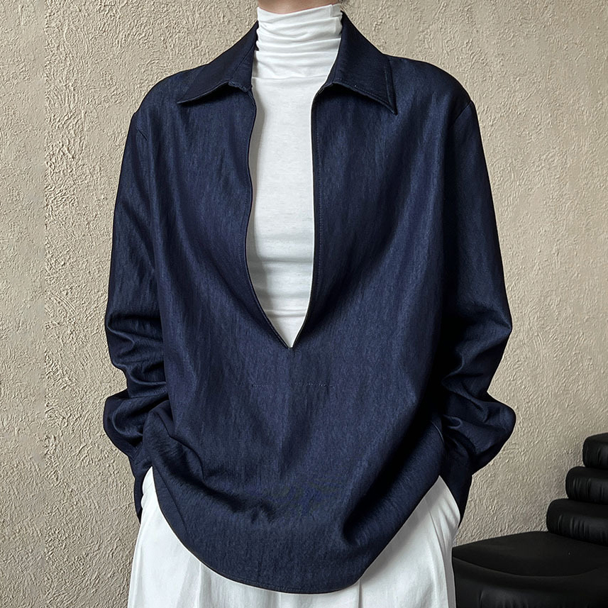 簡約休閒V領開口長袖牛仔襯衫外搭