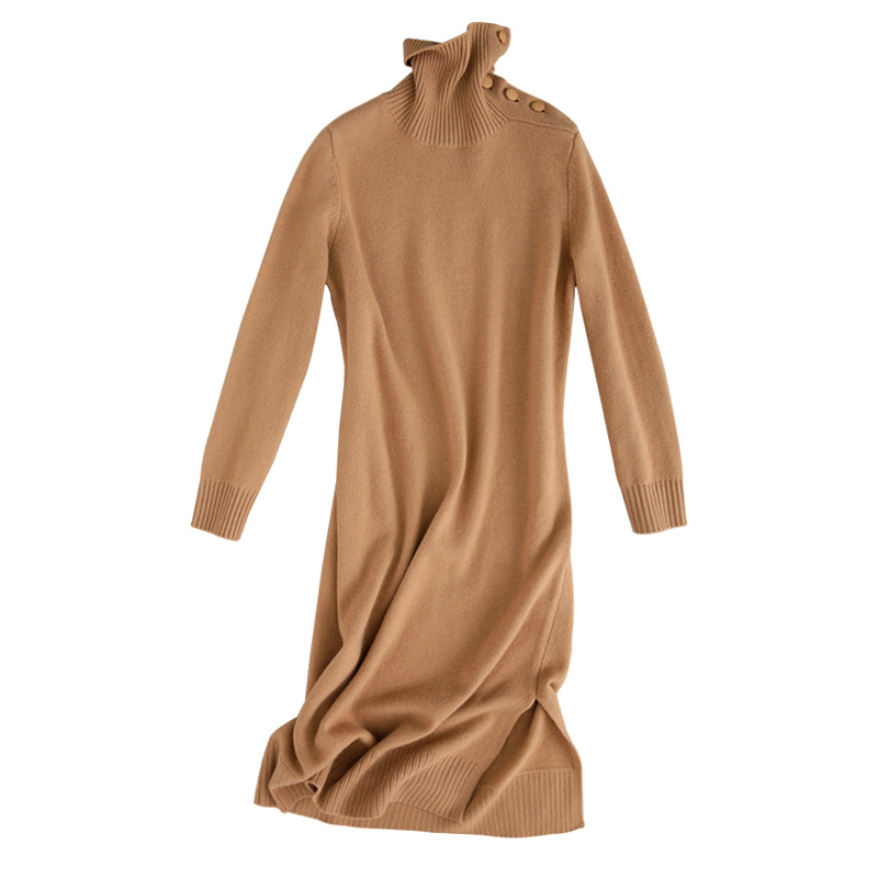 簡約紐扣高領開叉過膝針織連身裙