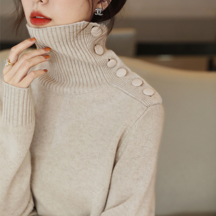 簡約紐扣高領開叉過膝針織連身裙