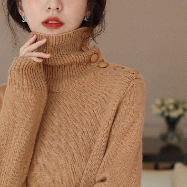 簡約紐扣高領開叉過膝針織連身裙