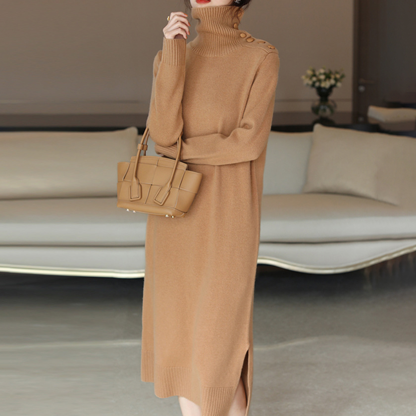 簡約紐扣高領開叉過膝針織連身裙
