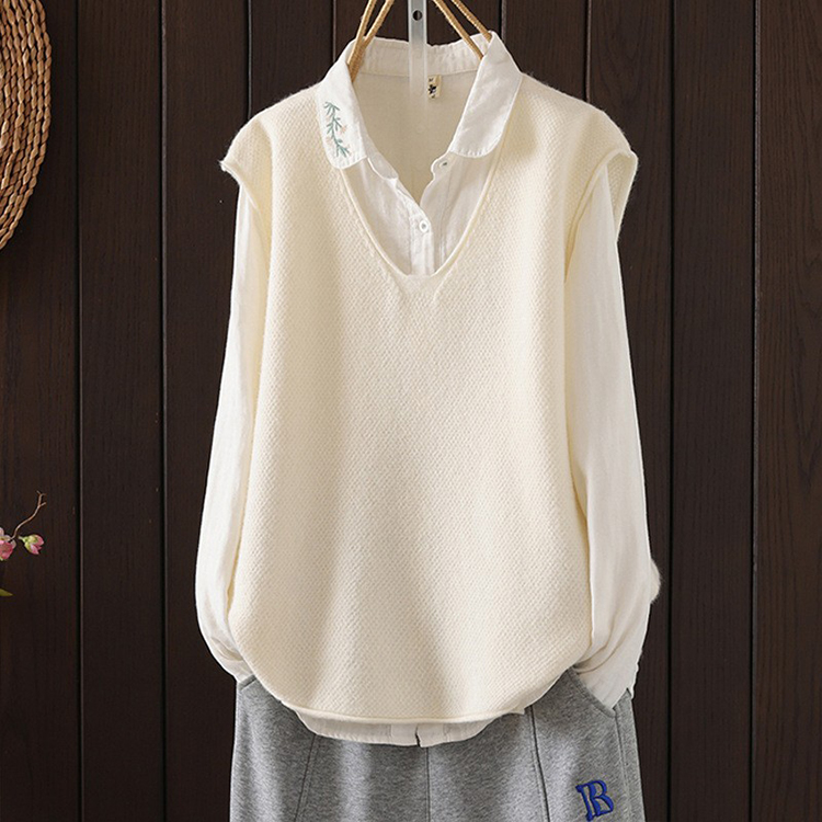 文藝風寬鬆大V領卷邊疊穿針織馬甲(4色)