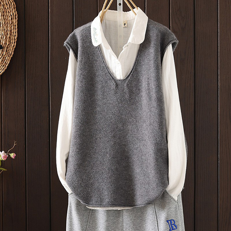 文藝風寬鬆大V領卷邊疊穿針織馬甲(4色)