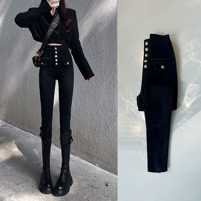 超高腰顯瘦排扣緊身牛仔小腳褲