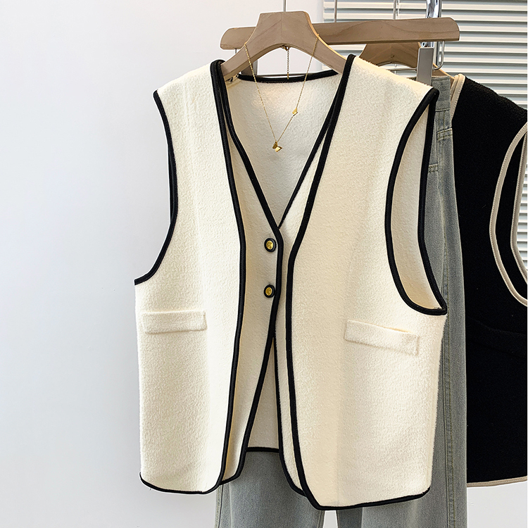 小香風雙層撞色邊假兩件無袖馬甲