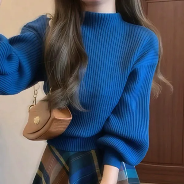 復古時尚半高領燈籠袖針織毛衣+高腰格紋半身長裙兩件套