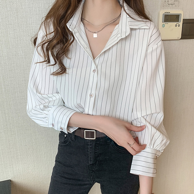 韓系條紋復古輕熟翻領長袖襯衫