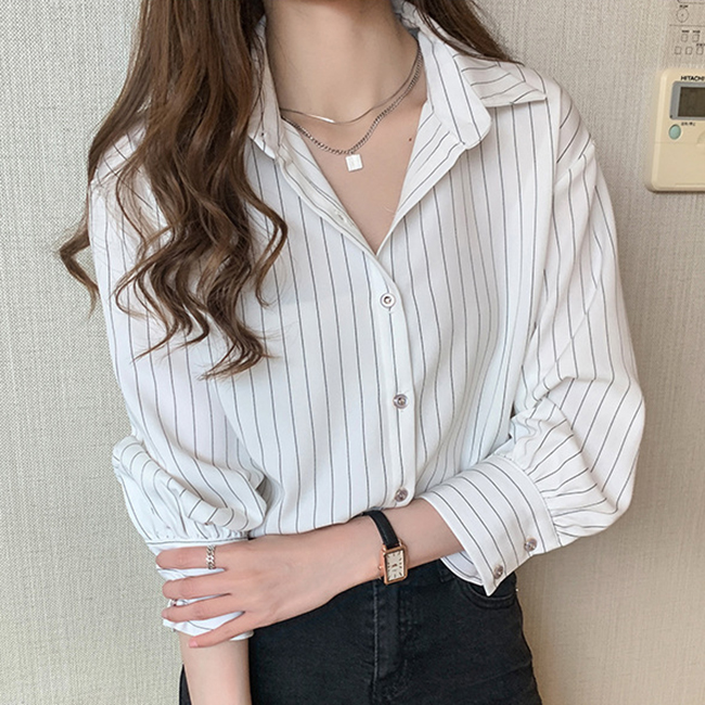 韓系條紋復古輕熟翻領長袖襯衫